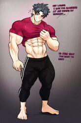 abs barefoot black_hair full_body grin muscle pants red_eyes smile solo