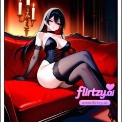 ai_assisted ai_generated bare_shoulders black_hair black_legwear breasts cleavage couch crossed_legs dress elbow_gloves female flirtzy.ai gloves high_heels large_breasts long_hair looking_at_viewer on_couch parted_lips sitting solo thighhighs thighs