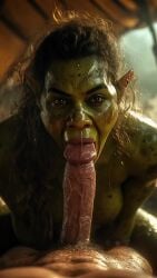 ai ai-created ai_generated big_breasts big_cock big_penis blowjob breasts brown_eyes brown_hair cock earrings fantasyanim fellatio female green-skinned_female green_skin human human_male interspecies light-skinned_male light_skin long_hair looking_at_viewer male male/female messy_hair oral oral_sex orc orc_female penis pov pov_blowjob pov_crotch pov_eye_contact pov_male video