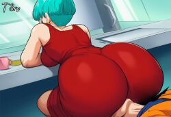 ai_generated ass ass_focus big_ass blue_hair bubble_butt bulma_briefs clothed dragon_ball dragon_ball_super dragon_ball_z dress face_in_ass facesitting fat_ass milf narrow_waist t8r tight_clothing wide_hips