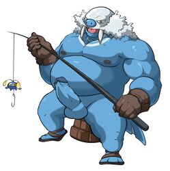 anthro balls clothed clothing erection fishing fishing_rod footwear gloves humanoid_penis looking_at_viewer maldu male male_only nintendo nipples nude obese open_mouth overweight pecs penis pokemon simple_background topless video_games walrein