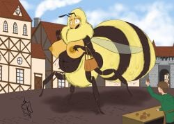 absurd_res antennae_(anatomy) anthro arthropod baghikat bee belly big_belly big_breasts breasts clothing detailed_background digestion digestion_noises duo female fur hi_res huge_breasts human hymenopteran insects male mammal medieval mythological_creature mythology nipples taur thorax vore wings yellow_body