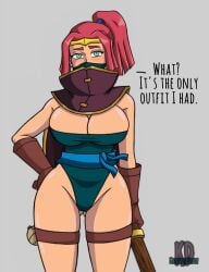 2d 2d_(artwork) big_ass big_breasts blue_eyes boss_bandit_(clash_royale) clash_(series) clash_royale cleavage cleavage_window dialogue english english_text hand_on_hip huge_breasts kolossusdraw light-skinned_female light_skin looking_at_viewer masked_female red_hair revealing_clothes sexy sexy_pose talking_to_offscreen talking_to_viewer tied_hair