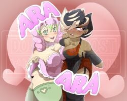 2girls ara_ara artist_self-insert black_hair blush breast breasts dark-skinned_female demon_slayer dress dress_lift dress_pull duo flashing green_hair heart kimetsu_no_yaiba light-skinned_female looking_away maid_uniform mitsuri_kanroji oc original_character panties pink_hair self_insert slightly_chubby slightly_chubby_female stockings tagme