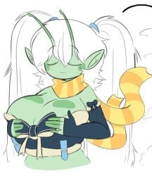 :3 alien alien_girl big_breasts big_breasts closed_eyes green_skin knocksoda smug smug_face smug_smile suggestive white_hair