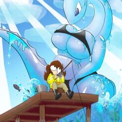 1boy 1girls breasts female giantess gigantic_breasts hips hips_wider_than_shoulders larger_female long male ocean tagme tail wide_hips