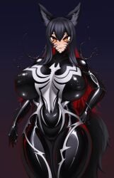 1girls animal_ears arknights big_breasts bodysuit corruption latex_skin latex_skinsuit latex_suit living_clothes marvel marvel_comics rikatsuky symbiote texas_(arknights) venom_(marvel)