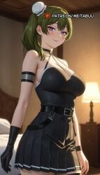 ai_generated arm_strap bare_shoulders bed bedroomubel_(sousou_no_frieren) belt black_belt black_choker black_dress black_gloves black_skirt black_thighhighs blurry blurry_background blush breasts buckle bun_cover choker cleavage closed_mouth dress female frieren_beyond_journey's_end gloves green_hair hair_bun halterneck indoors lamp large_breasts long_hair looking_at_viewer makeup meitabuu pleated_dress pleated_skirt purple_eyes side_ponytail single_glove single_hair_bun skirt sleeveless smile solo sousou_no_frieren thigh_strap thighhighs wristband
