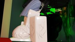 1girls 1other 1x1x1x1 1x1x1x1_(forsaken) 3d areolae arms arms_up betrayed_1x1x1x1 big_ass black_body blue_hair blue_nipples breasts crown dream_game eunoia forced forced_oral futanari green_body haunted_house head_grab offscreen_character on_floor pinned popsiclethekat roblox roblox_game robot scratches white_body white_hair
