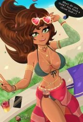 1girls alcohol alcoholic_drink balcony beach belly_chain bikini breasts brown_hair choker cocktail detached_sleeves dialogue green_eyes heart_sunglasses jewelry large_breasts lens_flare looking_at_viewer looking_up mole mole_on_breast mole_under_eye muffin_knight muffin_knight_(artist) necklace palm_tree peace_sign ponytail smiling_at_viewer solo sunglasses swimsuit tan tan_skin tanline tanlines tanned tanned_female tanned_skin text thin thin_waist towel towel_around_waist
