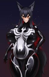 1girls animal_ears arknights big_breasts bodysuit corruption latex_skin latex_skinsuit latex_suit living_clothes marvel marvel_comics pregnant rikatsuky symbiote texas_(arknights) venom_(marvel)