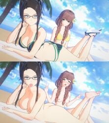 3d ahe_gao beach before_and_after big_breasts bikini bikini_bottom bikini_top braids character_request completely_nude completely_nude_female coral_brown_hair dark_brown_hair doki_doki_literature_club edit female female_focus female_only female_teacher glasses green_eyes hair_bun human human_female human_only koikatsu light-skinned_female light-skinned_male light_blue_eyes light_skin looking_at_each_other looking_up medium_breasts monika_(doki_doki_literature_club) nude nude_female peace_sign photoshoot posing posing_for_picture sticking_out_tongue striped_bikini_bottom striped_bikini_top teacher teacher_and_student yellow_bikini_top