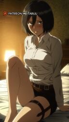 ai_generated arm_support attack_on_titan bare_legs bed bed_sheet bedroom belt belt_buckle black_eyes black_hair black_skirt blush breasts brown_belt buckle closed_mouth collared_shirt dress_shirt female hair_between_eyes indoors knee_up lamp large_breasts long_sleeves looking_at_viewer medium_breasts meitabuu mikasa_ackerman miniskirt on_bed panties pencil_skirt pillow shingeki_no_kyojin shirt short_hair sitting skirt solo thigh_strap thighs white_shirt wing_collar
