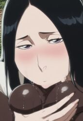 1boy 1girls ai_generated balls big_balls big_testicles black_hair bleach bleach:_the_thousand-year_blood_war blowjob blush dark-skinned_male dark_skin deepthroat drooling fellatio female holding_balls interracial light-skinned_female light_skin long_hair male oral oral_sex testicles unohana_retsu unohana_yachiru