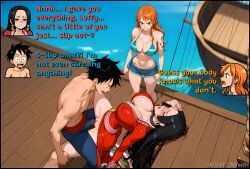 1boy 1boy2girls 2girls 2girls1boy accidental_circumstance ai_generated angry arched_back big_ass big_breasts bikini black_hair blue_eyes boa_hancock clenched_hand clenched_teeth comic covered_nipples dialogue dress english english_dialogue english_text grinding grinding_on_penis hand_on_forehead hand_on_head holding_legs huge_breasts innocent jealous jean_shorts monkey_d_luffy nami_(one_piece) one_piece orange_hair pussy pussy_juice talking teasing text velvet_nymph