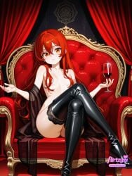 ai_assisted ai_generated armchair bangs black_footwear black_legwear boots breasts chair collarbone couch crossed_legs cup curtain_grab curtains drinking_glass female flirtzy.ai hair_between_eyes hair_censor hair_over_breasts lace lace-trimmed_legwear lace_trim long_hair looking_at_viewer medium_breasts on_couch orange_eyes parted_lips red_hair shiny sitting small_breasts solo thigh_boots thighhighs throne very_long_hair wine_glass