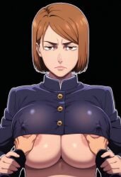 ai_generated big_breasts dissappointed_look glaring groping groping_breasts jujutsu_kaisen kugisaki_nobara nobara_kugisaki randomran underboob
