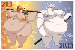 2girls bbw blade_lineage_(identity)_(project_moon) faust_(limbus_company) gold_bikini ishmael_(limbus_company) kurokumo_clan_(identity)_(project_moon) limbus_company obese obese_female project_moon silver_bikini theshakc1