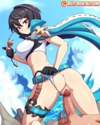 1boy ass bikini bikini_bottom_aside black_gloves black_hair breasts celliera celliera_(summer) censored clothing_aside dragalia_lost female glasses gloves highres imminent_penetration imminent_vaginal large_breasts looking_at_viewer male mosaic_censoring penis red_eyes reit short_hair smile swimsuit