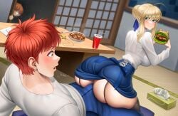 1boy 1girls artoria_pendragon ass ass_focus big_ass big_breasts blonde_hair blush bottom_heavy breasts bubble_butt burger clothing confusion dat_ass dress duo emiya_shirou erection erection_under_clothes fat_ass fate/stay_night fate_(series) female food fujimura_taiga garter_straps huge_ass indoors large_ass light-skinned_female light-skinned_male light_skin looking_at_ass looking_at_partner looking_back luunamito male pants png red_hair saber shirt sitting sitting_on_lap thick_ass thick_thighs unaware unaware_buttjob wide_hips