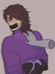 1boy ambiguous_gender brown_hair covered_mouth cuffed cuffed_wrists cuffs dumeefany five_nights_at_freddy's handcuffed handcuffs human light-skinned_male light_skin long_hair looking_back male male_focus michael_afton pinned_to_wall pissgag purple_shirt shirt y/n