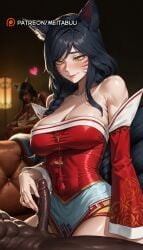1boy 2girls abs ahri ahri_(league_of_legends) ai_generated animal_ears bare_shoulders black_hair blurry_background blush braid breasts cleavage closed_mouth collarbone couch covered_navel dark-skinned_male dark_skin detached_sleeves erection facial_mark female fox_ears fox_girl fox_tail handjob heart indoors interracial korean_clothes large_breasts league_of_legends long_hair long_sleeves meitabuu multiple_girls muscular nude penis riot_games smile solo_focus straight tail uncensored whisker_markings yellow_eyes