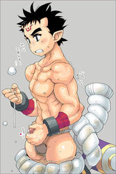 1boy black_hair blush cum demon erection horns male_only muscle penis penis_grab solo sweat tayu_(mousou_dokoro_2)