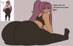 big_ass big_butt black_eyes female female_focus female_only glasses_on_face knocksoda looking_back purple_hair sports_bra stretching suggestive suggestive_pose teacher text text_bubble tight_pants