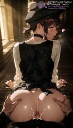 1boy ahe_gao ai_generated anus apron ass ass_grab bent_over beret black_apron black_choker black_hair black_headwear blush bottomless brown_hair censored chainsaw_man choker clothed_sex cum cum_in_pussy cum_on_ass cum_overflow doggy_style dress female from_behind groping hair_ornament hairclip hat heart heart-shaped_pupils heavy_breathing higashiyama_kobeni indoors kobeni_higashiyama long_sleeves looking_at_viewer looking_back male meitabuu mole mole_on_ass mole_on_cheek mole_under_eye mole_under_mouth motion_lines multiple_moles no_panties open_mouth penis pinafore_dress pov pov_hands puckered_anus pussy saliva sex sex_from_behind shirt short_hair short_ponytail sleeveless_dress solo_focus spoken_heart straight sweat symbol-shaped_pupils tongue tongue_out trembling vaginal_penetration white_shirt