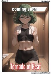 abs absurd_res ai ai_art ai_generated bangs bare_arms bare_shoulders black_shorts blush border breasts closed_mouth collarbone comic comic_cover comic_page comic_panel comic_strip comics cover cover_page cowboy_shot curly_hair dolphin_shorts door female green_eyes green_hair hair_between_eyes hands_up hi_res high_quality high_resolution highres indoors looking_at_viewer midriff myaiwaifu69 navel one-punch_man outside_border short_hair short_shorts shorts small_breasts solo sports_bra standing stomach sweat tank_top tatsumaki thighs toned towel towel_around_neck uncensored v-shaped_eyebrows white_border wooden_floor