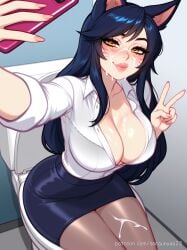 1girls after_sex ahri ahri_(league_of_legends) ai_generated big_breasts black_hair breasts cum cum_on_face league_of_legends league_of_legends:_wild_rift office_lady selfie sergunyaa23 skirt tagme yellow_eyes