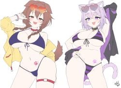 2girls :d arm_behind_head armpit blush contrapposto fang female flat_colors hand_on_hip hand_up hololive huge_breasts inugami_korone legs_apart looking_at_viewer multiple_girls naughty_face nekomata_okayu one_arm_up open_jacket posing signature smile swimsuit virtual_youtuber