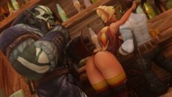 1girls 2boys 3d big_breasts blizzard_entertainment blonde_hair blood_elf female goblin goblin_(warcraft) green_skin interspecies kissing light-skinned_female light_skin male morilymory orc orc_(warcraft) original_character sarisia_sunfeast thick_thighs thighhighs voluptuous voluptuous_female warcraft wide_hips world_of_warcraft