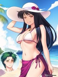 1boy 1girls absurdres arm_up astrid_(fire_emblem) beach bikini black_hair blush breasts cleavage commission cut-in etchimune female fire_emblem fire_emblem:_radiant_dawn green_hair hat highres jewelry long_hair looking_at_viewer male medium_breasts non-web_source ocean orange_eyes outdoors pendant purple_sarong sarong sideboob smile solo_focus sothe_(fire_emblem) sun_hat swimsuit underboob white_bikini yellow_eyes