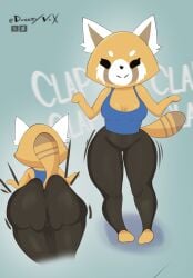 1girls aggressive_retsuko anthro ass_clapping bottom_heavy breasts clapping_cheeks clothing crop_top dweezyvox female female_only front_view furry furry_only pants pantylines png rear_view red_panda retsuko solo tail thick_thighs twerking wide_hips yoga_pants