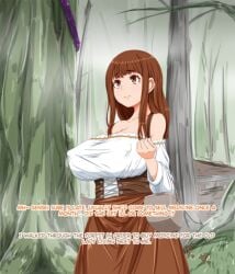 bamboo bangs bare_shoulders breasts brown_eyes brown_hair brown_skirt carrot_caramel_batake collarbone curtains female forest large_breasts long_hair nature off_shoulder outdoors solo tree