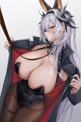 animal_ears azur_lane black_coat black_hairband black_jacket black_leotard black_nails black_pantyhose blush breasts brown_pantyhose cleavage coat collar covered_navel dark-skinned_female dark_skin e.c.ho eyepatch fake_animal_ears female fritz_rumey_(azur_lane) fritz_rumey_(schwarzes_kaninchen)_(azur_lane) gradient_background grey_background grey_hair hair_between_eyes hair_ornament hairband huge_breasts jacket large_breasts leash leotard long_hair long_sleeves looking_at_viewer nail_polish open_clothes open_coat pantyhose parted_lips playboy_bunny rabbit_ears red_eyes silver_hair simple_background solo thigh_strap thighs very_long_hair white_background white_hair