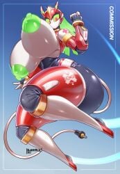 big_areola big_breasts bunnemilk dangling_breasts gold_(metal) green_eyes green_hair healer heels huge_areolae huge_ass huge_boobs huge_breasts huge_butt medic metallic_body original_character plug_tail red_cross robot robot_girl robot_humanoid tail