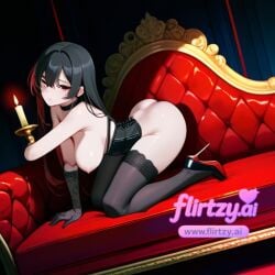 ai_assisted ai_generated ass bare_shoulders black_hair breasts choker closed_mouth couch elbow_gloves female flirtzy.ai gloves high_heels long_hair looking_at_viewer nipples on_couch red_eyes shoes solo sword thighhighs
