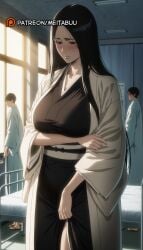 2boys ai_generated arm_under_breasts bed black_eyes black_hair black_kimono bleach bleach:_the_thousand-year_blood_war bleach_brave_souls blush breast_hold breasts clothes_lift collarbone female haori hospital hospital_bed indoors infirmary japanese_clothes kimono large_breasts long_hair long_sleeves looking_down male mature_female meitabuu mole_under_mouth multiple_boys obi parted_bangs parted_lips sandals sash shonen_jump solo_focus standing straight_hair unohana_retsu wide_sleeves zouri