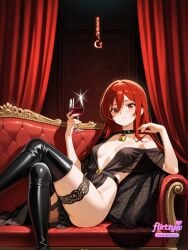 ai_assisted ai_generated bare_shoulders bell black_footwear boots breasts chair choker couch crossed_legs cup curtain_grab curtains dress drinking_glass female flirtzy.ai hair_between_eyes holding holding_cup lace long_hair looking_at_viewer medium_breasts neck_bell red_eyes red_hair sitting solo thigh_strap thighhighs thighs wine_glass