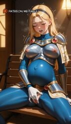 ai_generated armor bench big_belly black_hairband blonde_hair blue_bodysuit blush bodysuit boobplate bracer breastplate breasts censored closed_eyes covered_navel crotch_cutout feet_out_of_frame female female_masturbation fingering gloves hairband indoors large_breasts league_of_legends league_of_legends:_wild_rift long_hair lux lux_(league_of_legends) lux_legue_of_legends luxanna_crownguard masturbation meitabuu mosaic_censoring motion_lines navel nipple_cutout nipples on_bench open_mouth pregnant pussy pussy_juice riot_games saliva shoulder_armor sitting sitting_on_bench skin_tight solo spread_legs sweat torn_bodysuit torn_clothes trembling vaginal_penetration white_gloves