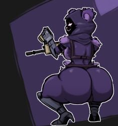 1girls 5_fingers anthro armwear ass ass_bigger_than_head bear big_ass bottom_heavy bubble_butt colored_sketch countershade_torso countershading epic_games eye_scar female female_only footwear fortnite fur_tuft furry gauntlets gloves gluteal_fold gun harness heel_boots hourglass_figure purple_body purple_fur raven_team_leader scar spudds_ squatting thick_thighs toned toned_female toned_legs two_tone_body two_tone_fur ursid