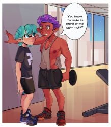 blush english_text fully_clothed gym height_difference inkling inkling_boy kabedon looking_at_another male_only muscles nipples no_visible_genitalia oc pecs revealing_clothes shoes sideboob skimpy splatoon tank_top yuunsfw
