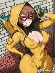 ai_generated alley areolae_slip blue_eyes bonfen291 brick_wall brown_hair cameltoe cleavage closer_(p5x) covered_nipples eye_mask female graffiti graffiti_on_wall hand_on_hip hooded_bodysuit huge_nipples looking_at_viewer medium_breasts motoha_arai one_eye_closed persona_5:_the_phantom_x self_upload short_hair smile solo standing teeth thick_thighs v_over_eye v_sign yellow_bodysuit