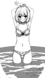 armpits arms_up artist_name bangs blush bra braid clavicle closed_mouth crown_braid dated eyebrows_visible_through_hair female frilled_bra frilled_panties frills greyscale high_resolution looking_at_viewer monochrome navel original pantsu short_hair signature sketch smile solo standing tabata_hisayuki thighs tied_hair underwear wading