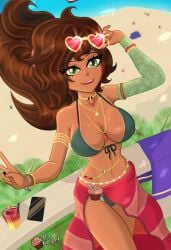 1girls alcohol alcoholic_drink balcony beach belly_chain bikini breasts brown_hair choker cocktail detached_sleeves green_eyes heart_sunglasses jewelry large_breasts lens_flare looking_at_viewer looking_up mole mole_on_breast mole_under_eye muffin_knight muffin_knight_(artist) necklace palm_tree peace_sign ponytail smiling_at_viewer solo sunglasses swimsuit tan tan_skin tanline tanlines tanned tanned_female tanned_skin thin thin_waist towel towel_around_waist