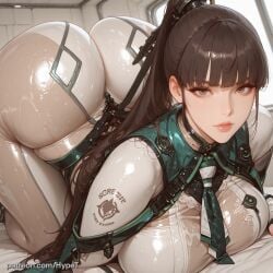 1girls ai_generated alternate_version_at_source android asian asian_female ass ass_focus back_view big_breasts bodysuit breasts brown_hair eve_(stellar_blade) fat_ass feet female hypet long_hair lying_on_bed robot_girl shiny_skin solo stellar_blade suit tagme thick thick_ass thick_legs thick_thighs thighs video_games