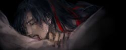 2boys black_background black_hair crying crying_with_eyes_open deepthroat fellatio grey_eyes hair_ribbon hand_on_another's_thigh highres kcllzas163 lan_wangji long_hair looking_down male_focus modao_zushi multiple_boys nude open_mouth oral penis ponytail red_ribbon ribbon solo_focus sweat tears third-party_source tongue wei_wuxian yaoi