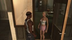 3d blonde_hair breasts breasts breasts carol_anne dark-skinned_male gangster hitman hitman_blood_money io-interactive miniskirt pink_skirt talking video_games white_skin white_topwear